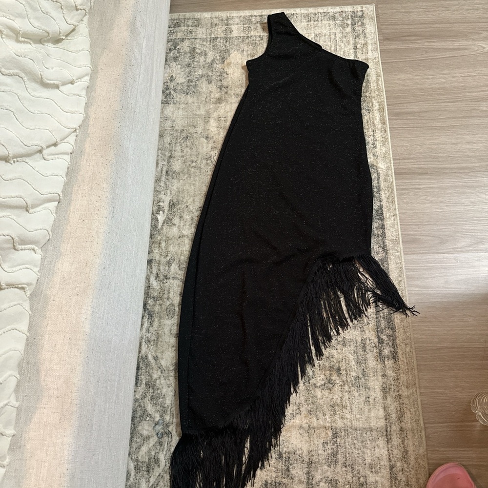 SHEIN Black One-Shoulder High Low Dress with Fringe